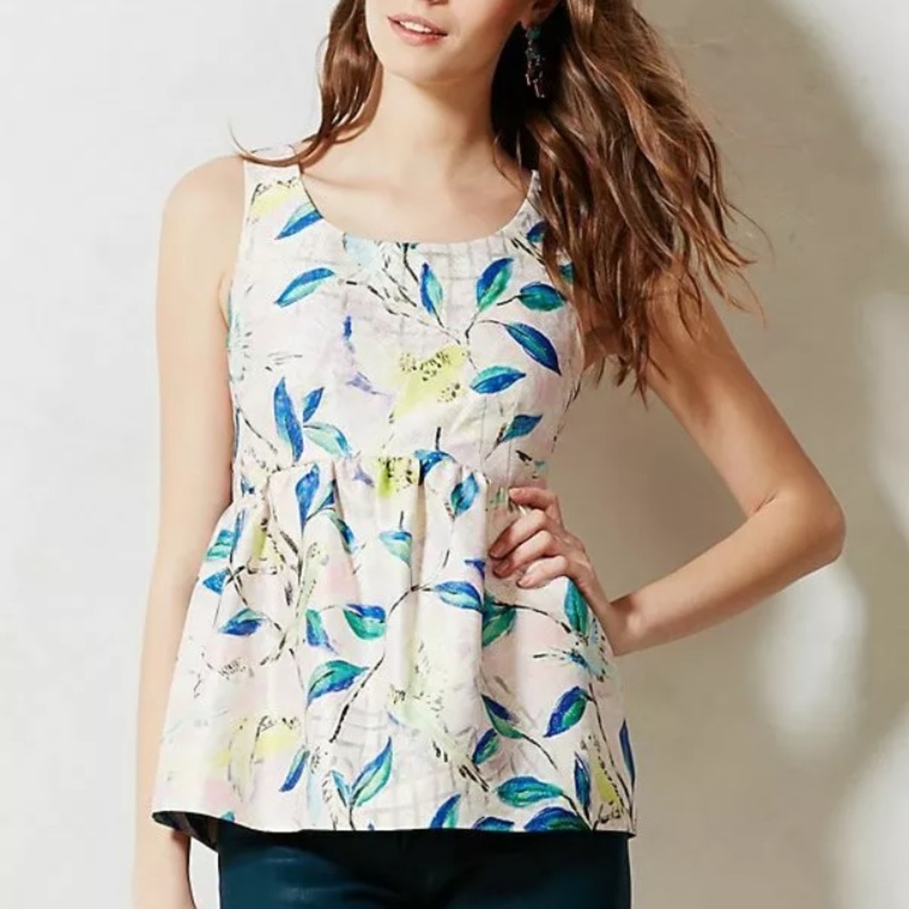 Leifsdottir Brocade Parakeet Bird Print Peplum Top